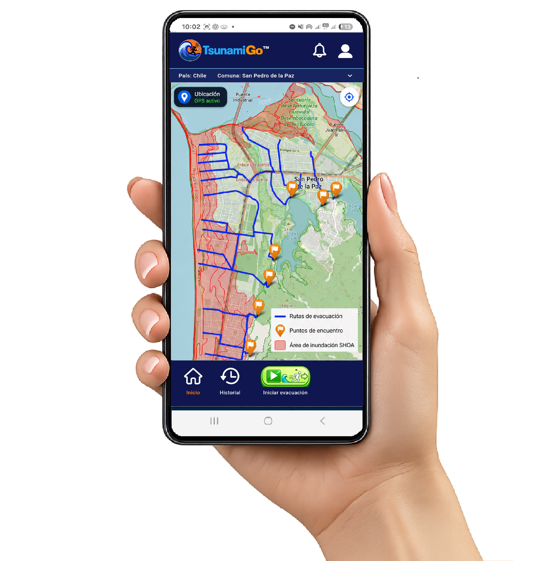 Aplicación TsunamiGo utilizada desde un teléfono celular para registrar un recorrido de evacuación peatonal