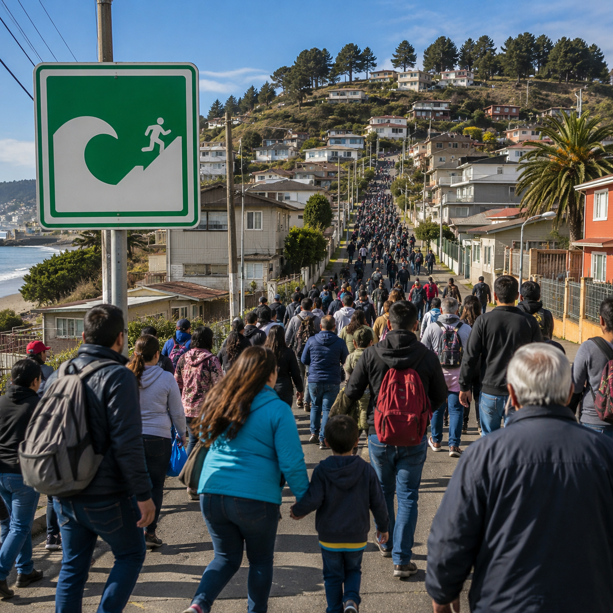 Grupo de personas realizando una evacuación peatonal ordenada en un sector costero urbano